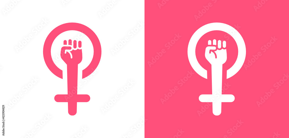 Feminism Symbol Feminist Woman With Fist Up Hand Gesture Vector Illustration On White And Pink 