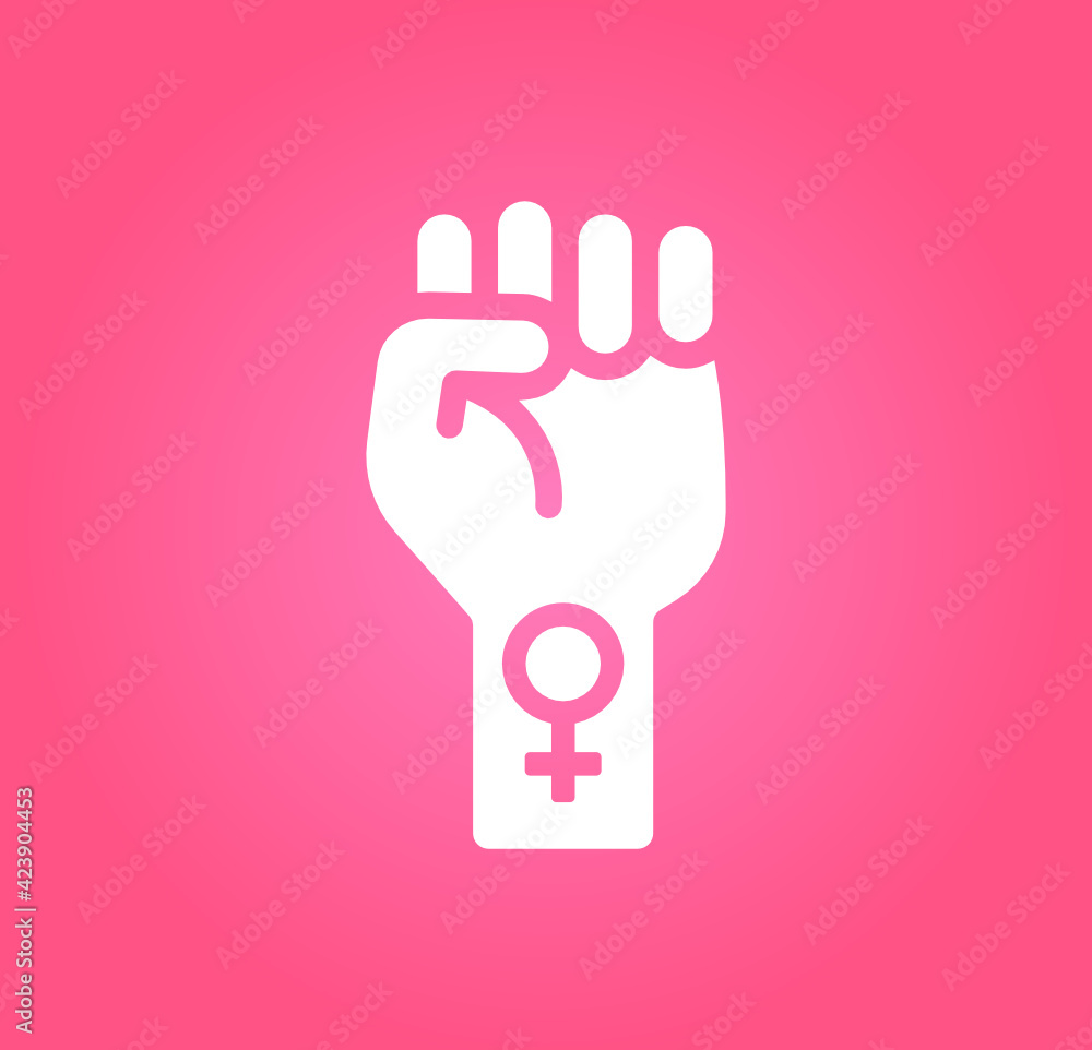 Feminism symbol, feminist woman with fist up hand gesture vector illustration on pink background. Feminism symbol, feminist woman with fist up hand gesture vector illustration on pink background.