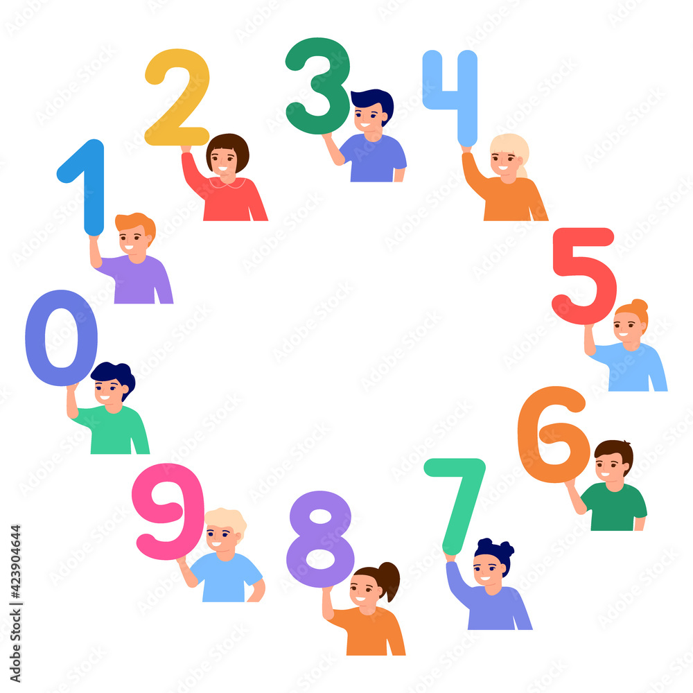Happy children in circle hold numbers. Little kids learn number math. Education young friends, elementary school students, kindergarten pupils boys and girls. Vector flat illustration Happy children in circle hold numbers. Little kids learn number math. Education young friends, elementary school students, kindergarten pupils boys and girls. Vector flat illustration