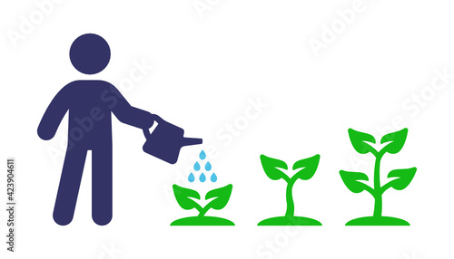 Growth vector illustration. Man watering a growing plant.