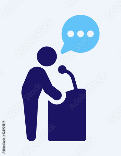 Speech vector icon. Man speaking politics on podium with blue chat bubble