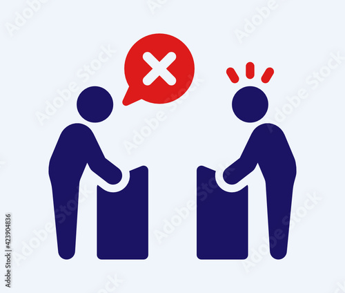 Disagreement of politics person during debate. Man disagree and says no with red crossed speech bubble icon vector illustration.