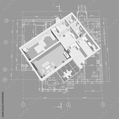 3D floor plan. Vector blueprint. Apartment interior. Architectural 3D design.