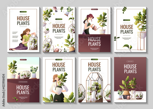 Set of a4 flyters for houseplants store, greenhouse, florarium, home garden, gardening, plant lover. Vector illustration for poster, banner, flyer, advertising, commercial, promo. 