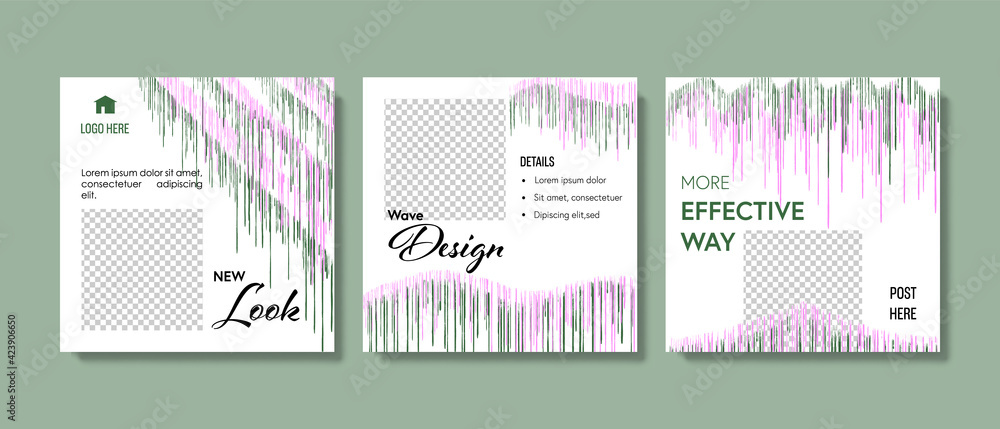 Abstract lined wave social media templates pack with green and pink background elements. Instagram posts for business with place for photos, product offer, presentation, sale
