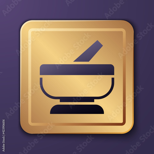 Purple Mortar and pestle icon isolated on purple background. Gold square button. Vector