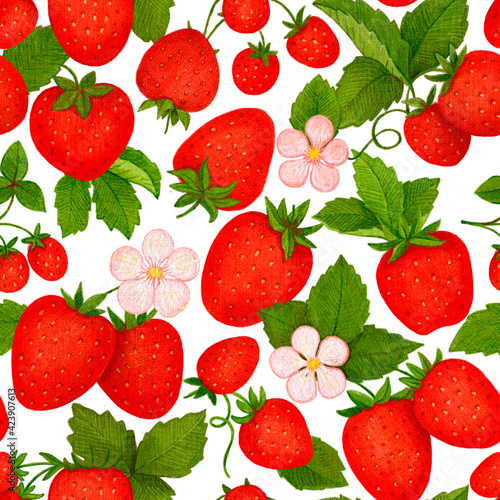 Fototapeta Naklejka Na Ścianę i Meble -  Crayon raspberry and strawberry with leaves seamless pattern. Hand drawn artistic berry repeatable background with pastels. Cute Colorful stylish illustration for backgrounds, textiles, tapestries.