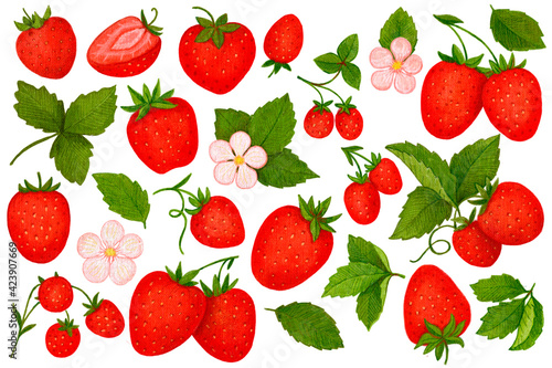 Crayon raspberry and strawberry with leaves set. Hand drawn artistic berry repeatable background with pastels. Cute Colorful stylish illustration for backgrounds, textiles, tapestries.