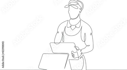 Seller cashier of a restaurant in a street fast food cafe at work. Drinks and meals. Carbonated drinks and sandwiches.One continuous drawing line  logo single hand drawn art doodle isolated minimal il