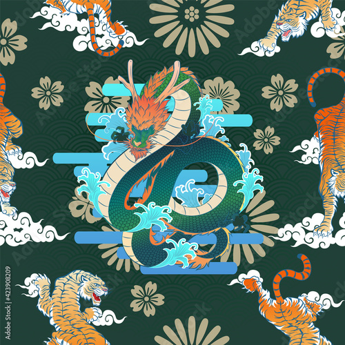 Seamless Art Japanese Repeat Pattern of Flying Dragon with Water Splash and Tiger in Different Poses Surrounded with Gold Flower Icons on Water Wave Repeat Pattern Dark Green Background Vector Design