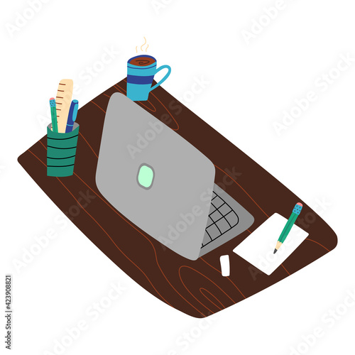 Web designer or writer, freelancer, student, teacher, blogger, tutor workplace, home office. A laptop on a table, coffee
