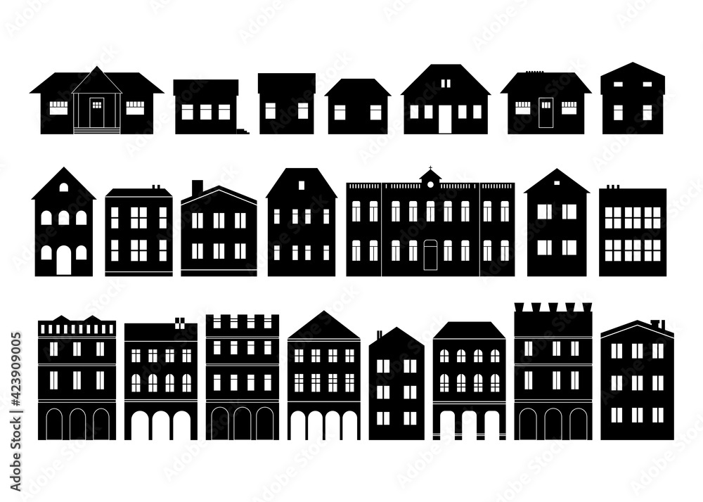 Houses silhouette clipart in village or small town street. Black and white vector Houses silhouette clipart in village or small town street. Black and white vector