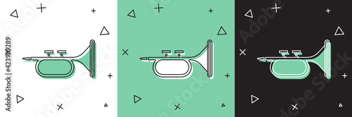 Set Musical instrument trumpet icon isolated on white and green, black background. Vector
