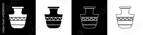 Set Ancient amphorae icon isolated on black and white background. Vector