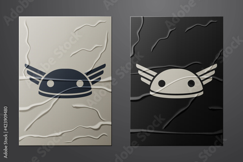 White Helmet with wings icon isolated on crumpled paper background. Greek god Hermes. Paper art style. Vector