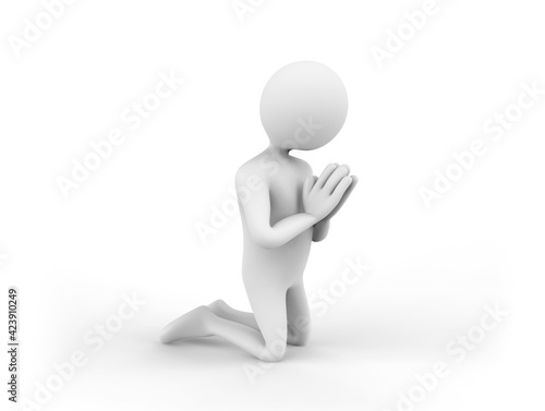 3D illustration of a cartoon man kneeling on the ground and praying god with heads down