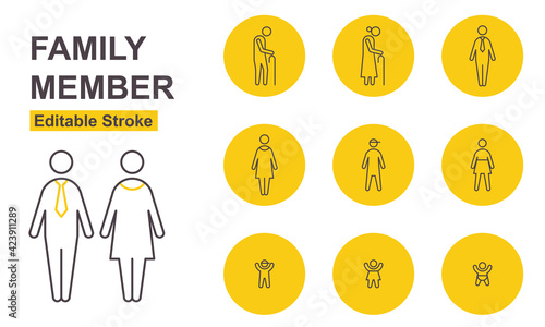 Family Member Icons. Editable Stroke. Vector Illustration. People Thin Line Icons Set.