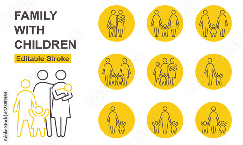 Family With Children Icons. Editable Stroke. Vector Illustration. People Thin Line Icons Set.