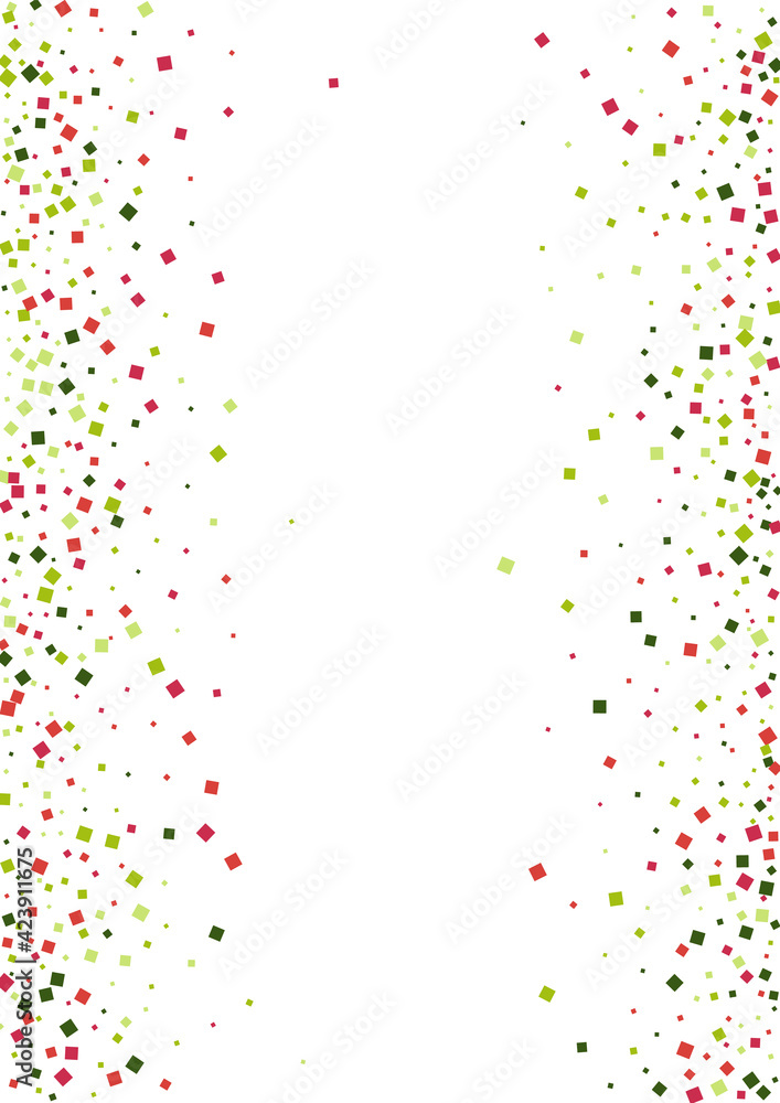 Confetti Red Explosion Illustration. Sprinkles Square Background. Green Decoration Rhombus Wallpaper. Dot Colorful Texture.