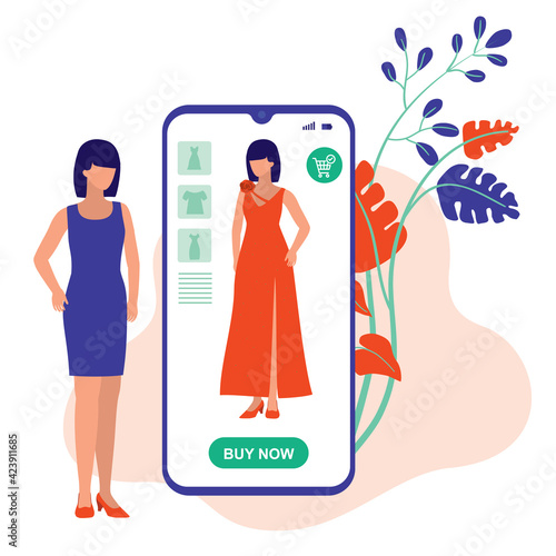 Young Woman Trying Clothes Using Augmented Reality Shopping App. AR Shopping Concept. Vector Flat Cartoon Illustration. Woman Wearing A Virtual Dress.