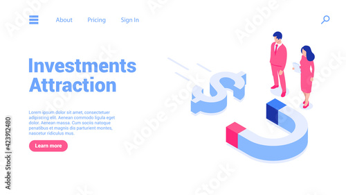 The magnet attracts money. Landing page or web banner template. The concept of attracting money, investments. 3d people with icons of dollar, euro, yen, pound.  Vector illustration in isometric style.