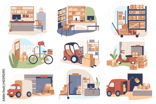 Warehouse and delivery service isolated scenes set. Logistics center, loading or unloading trucks, parcels storage. Bundle of modern interiors. Vector illustration in flat cartoon for web design