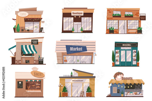 Restaurants and shops facades isolated scenes set. Buildings of coffee, boutique, street food, market, bookstore, bakery. Bundle of modern exteriors. Vector illustration in flat cartoon for web design