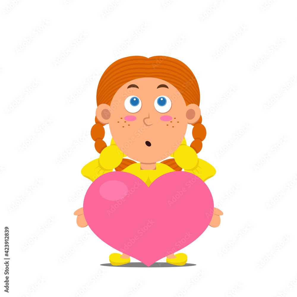 Cute cartoon blush little girl in yellow dress with freckles and red hair with bows. Kid character isolated on white background. Confused children hug pink heart. Vector illustration