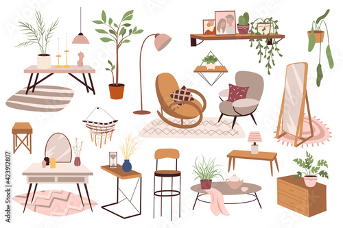 Home furniture and decor isolated elements set. Armchairs, coffee table, mirror, lamps, plants, shelves, other objects. Bundle of modern interior. Vector illustration in flat cartoon for web design