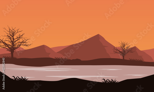 Great view of the mountains at dusk from the riverbank. Vector illustration