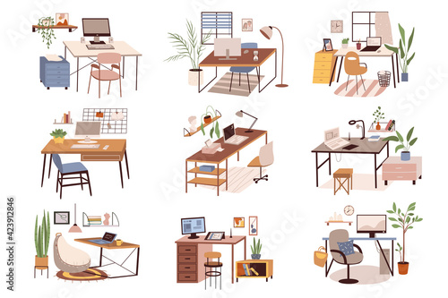 Different workplaces isolated scenes set. Desks, chairs, computers or laptops, bookshelves, plants, decor, other objects. Bundle of modern interiors. Vector illustration in flat cartoon for web design