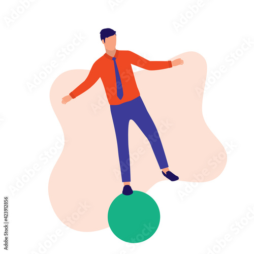 Businessman Strike Balance Between Work And Life. Work-life Balance And Business Challenge Concept. Vector Flat Cartoon Illustration. Man Balancing On Ball.