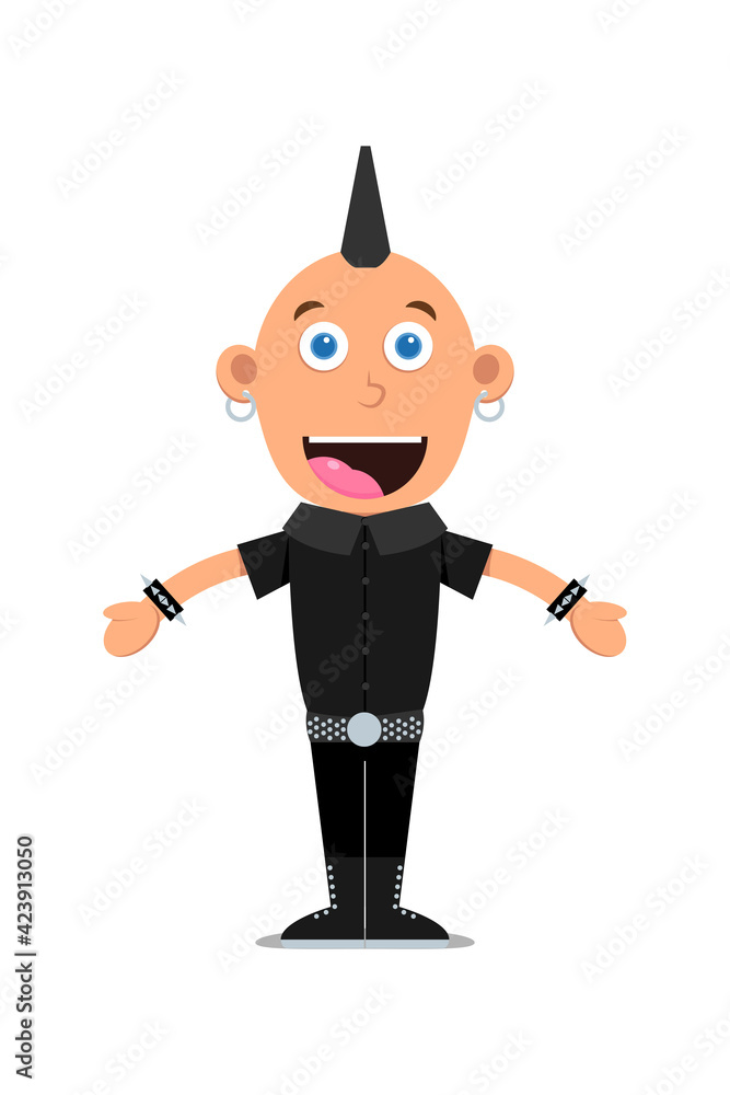 Punk rock fan. Rocker character isolated on white background. Cartoon flat man with hug hand symbol. Vector illustration Punk rock fan. Rocker character isolated on white background. Cartoon flat man with hug hand symbol. Vector illustration