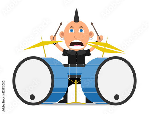 Punk rock star. Rocker drummer character isolated on white background. Cartoon flat man with drums. Vector illustration