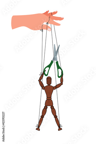 Wooden man mannequin isolated on white background. The puppet cuts the thread with scissors.  Concept Liberation from slavery. Cartoon flat toy. Vector illustration