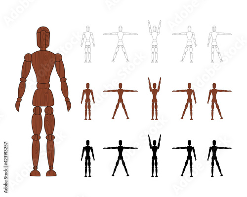 Wooden man mannequin collection isolated on white background. Wood dummy with different poses. Cartoon flat toy. Vector illustration