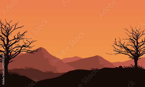 Wonderful evening sky colors with dramatic mountain views and dry tree silhouettes. Vector illustration