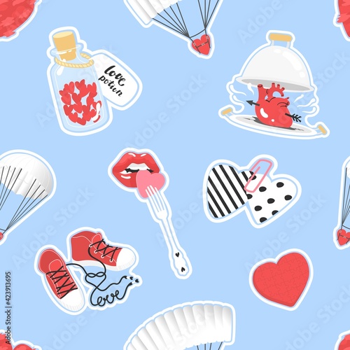 Pattern for Valentine's Day. Vector illustration. Print, poster, paper, textile and card design. Heart, love, romantic, celebrating, merry, wedding, potion, parachute, shoes, dish, myocardium. 
