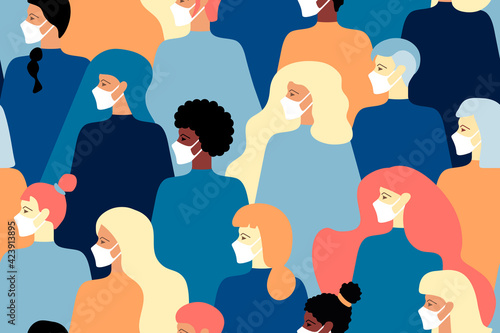 Coronavirus lockdown.people wearing medical masks pattern. lesbians.quarantine concept.Feminism activists.Crowd of people.women's rights,women's day.Stop racism.multicolored people pattern.girl power.