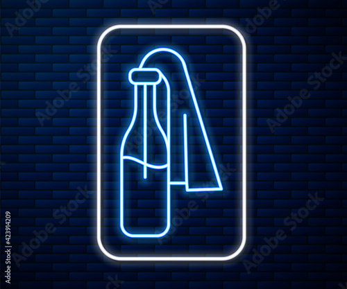 Glowing neon line Cocktail molotov icon isolated on brick wall background. Vector