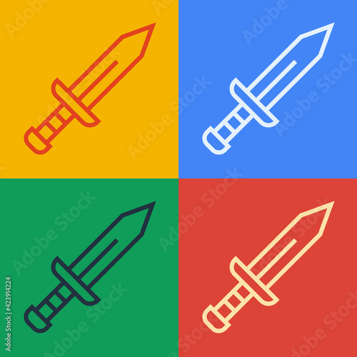 Pop art line Sword icon isolated on color background. Medieval weapon. Vector