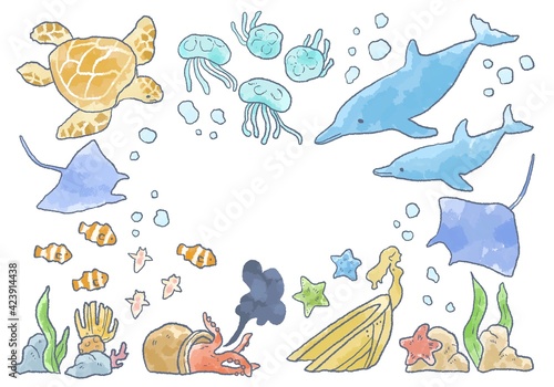 優しいタッチの海の生き物イラストフレーム