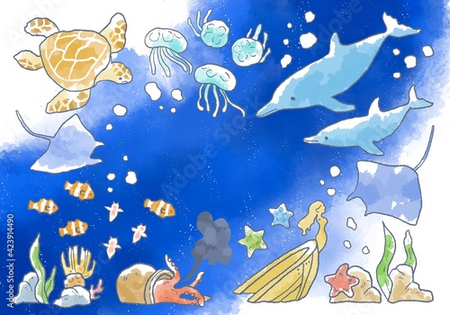 優しいタッチの海の生き物イラストフレーム