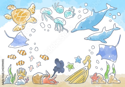 優しいタッチの海の生き物イラストフレーム