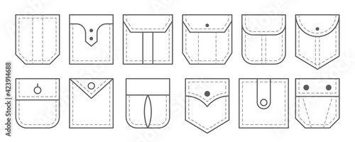 Vector clothing isolated icons set. Patch pocket bag.