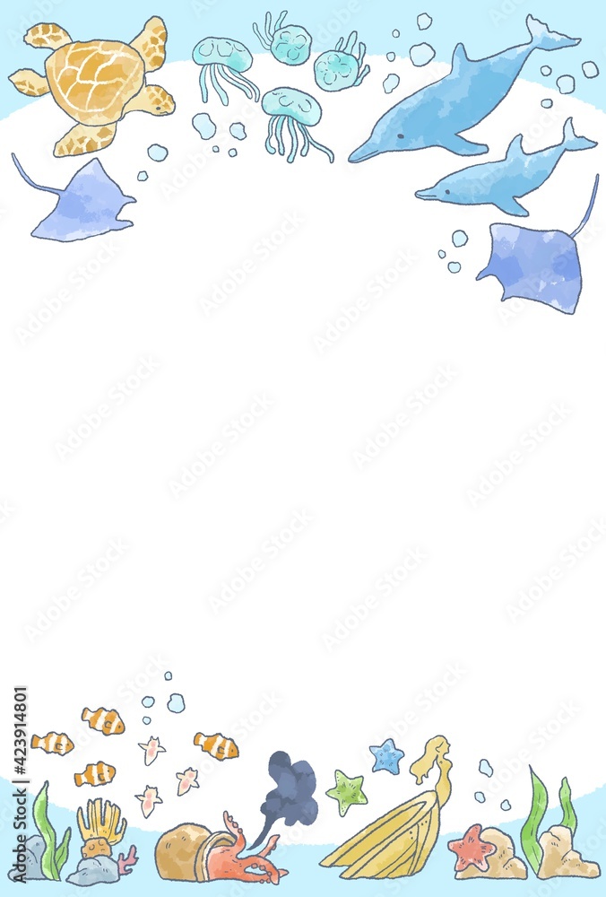 優しいタッチの海の生き物イラストフレーム 優しいタッチの海の生き物イラストフレーム