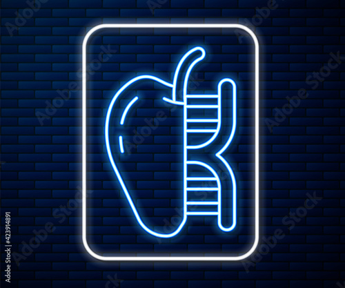 Glowing neon line Genetically modified apple icon isolated on brick wall background. GMO fruit. Vector