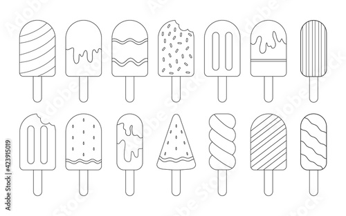Set of ice cream coloring pages on isolated white background. Vector stock illustration. coloring book for adults and children.