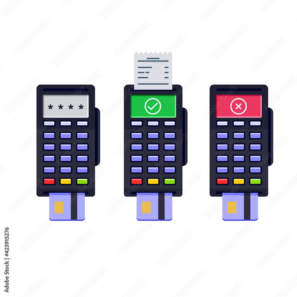 A set of terminals for payment by credit card. POS terminal icon in flat design. Cashless payments. PIN code entered, payment was successful, payment was declined. Vector illustration A set of terminals for payment by credit card. POS terminal icon in flat design. Cashless payments. PIN code entered, payment was successful, payment was declined. Vector illustration