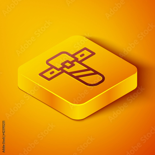 Isometric line Knife holster icon isolated on orange background. Yellow square button. Vector